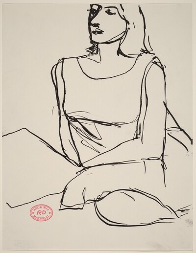 Untitled [woman in a sleeveless dress seated with pillows]