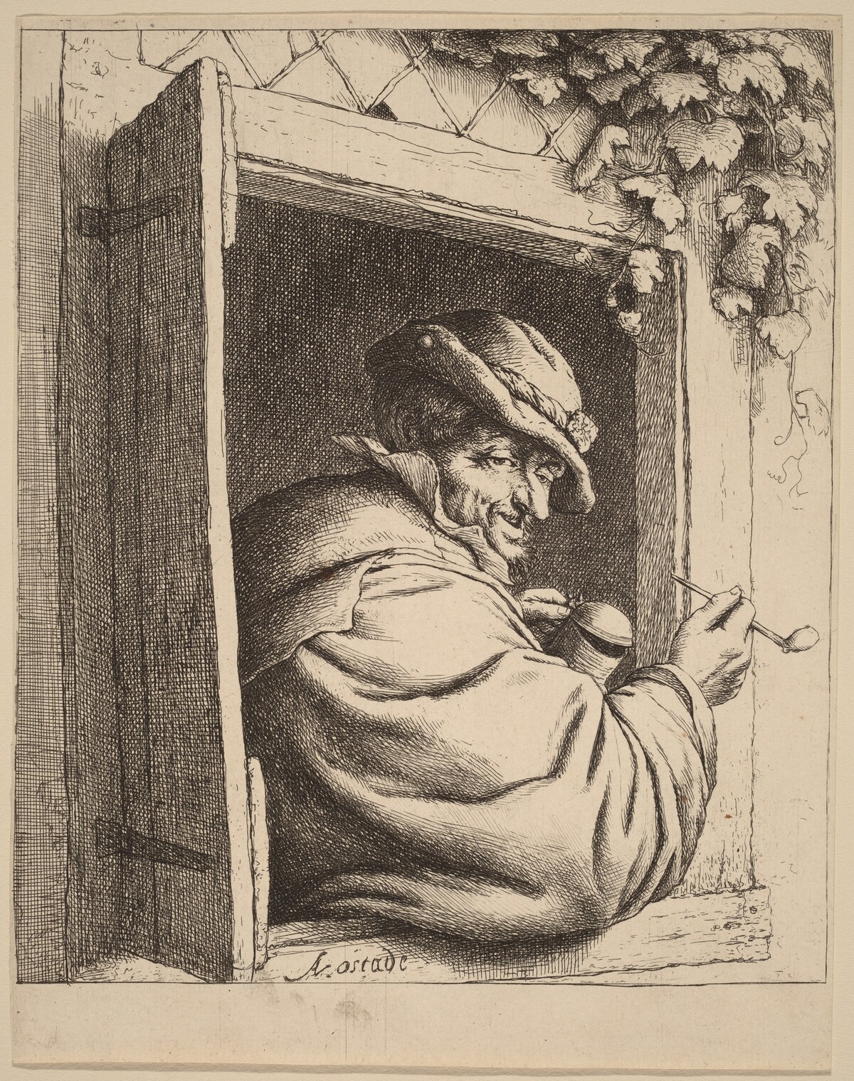Peasant at a Window Holding a Pipe and a Jug by Adriaen van Ostade