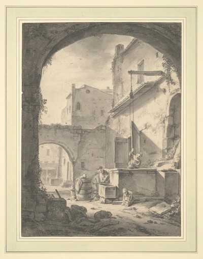 View into a Courtyard with a Family at a Well