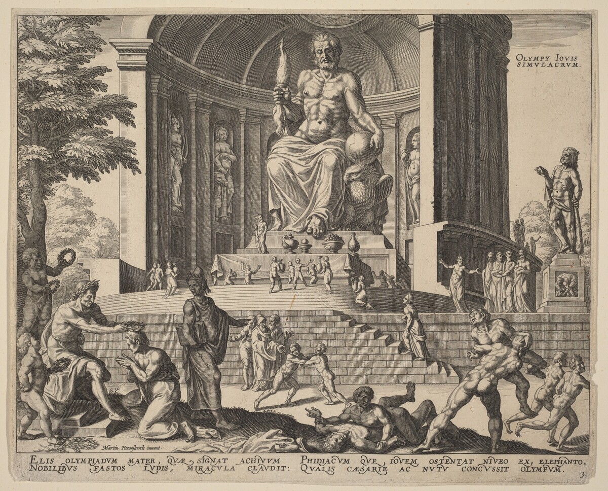 Olympy Iovis Simulacrum (The Statue of Jupiter at Olympia) by Philip Galle, after Maerten van Heemskerck