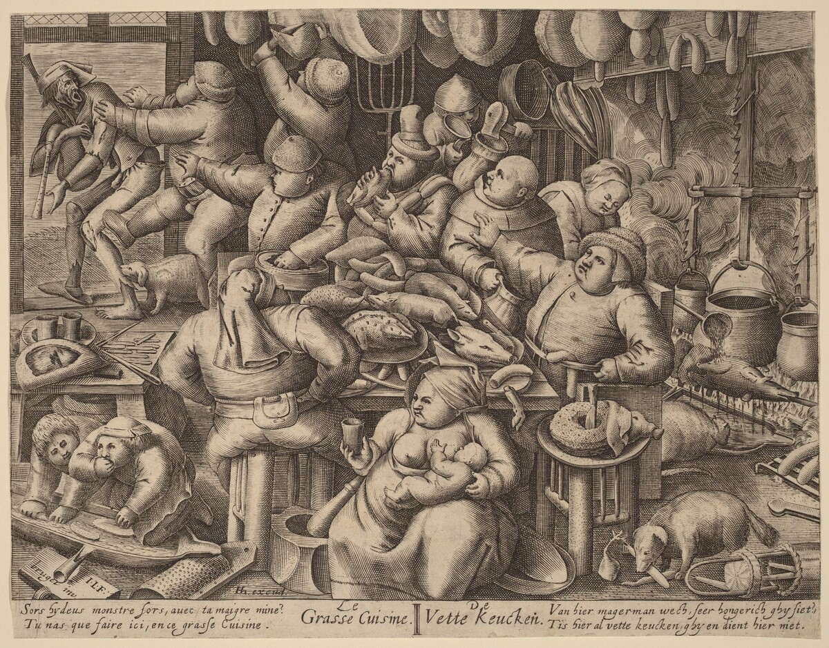 The Fat Kitchen by anonymous Netherlandish 17th Century engraver, after Pieter van der Heyden, after Pieter Bruegel the Elder