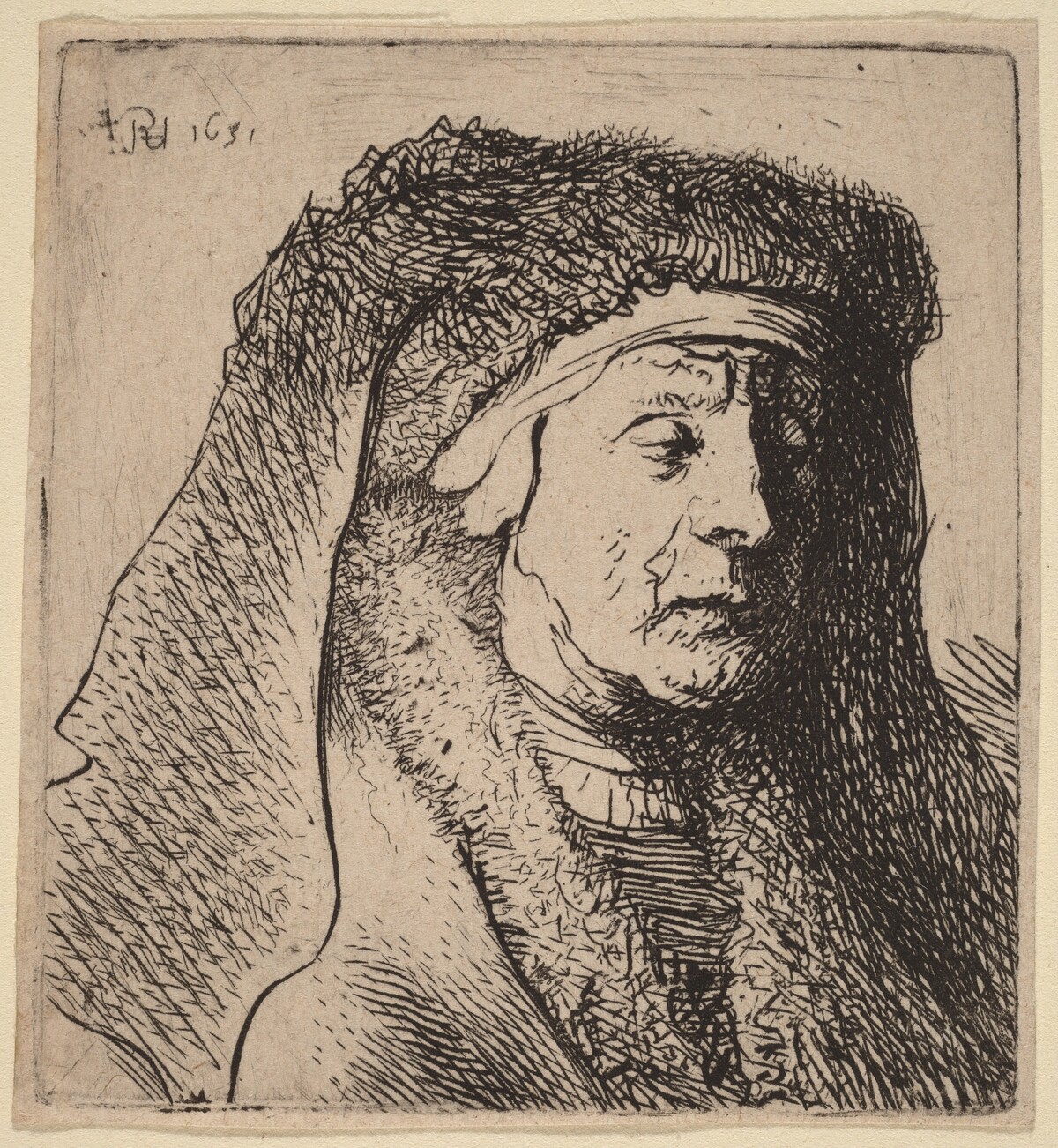 Bust of an Old Woman in a Furred Cloak and Heavy Headdress by Rembrandt van Rijn and Studio of Rembrandt van Rijn