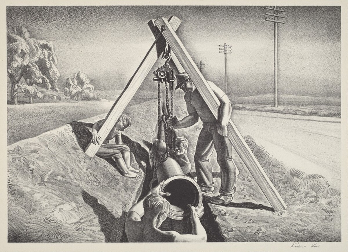 Untitled (Workmen Lowering Pipe Section into a Ditch) by Rockwell Kent