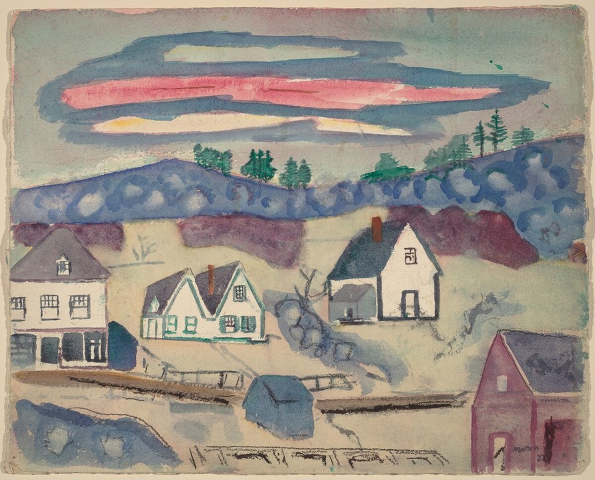 Three Houses, Barn and Chicken Coop, Stonington, Deer Isle, Maine by John Marin