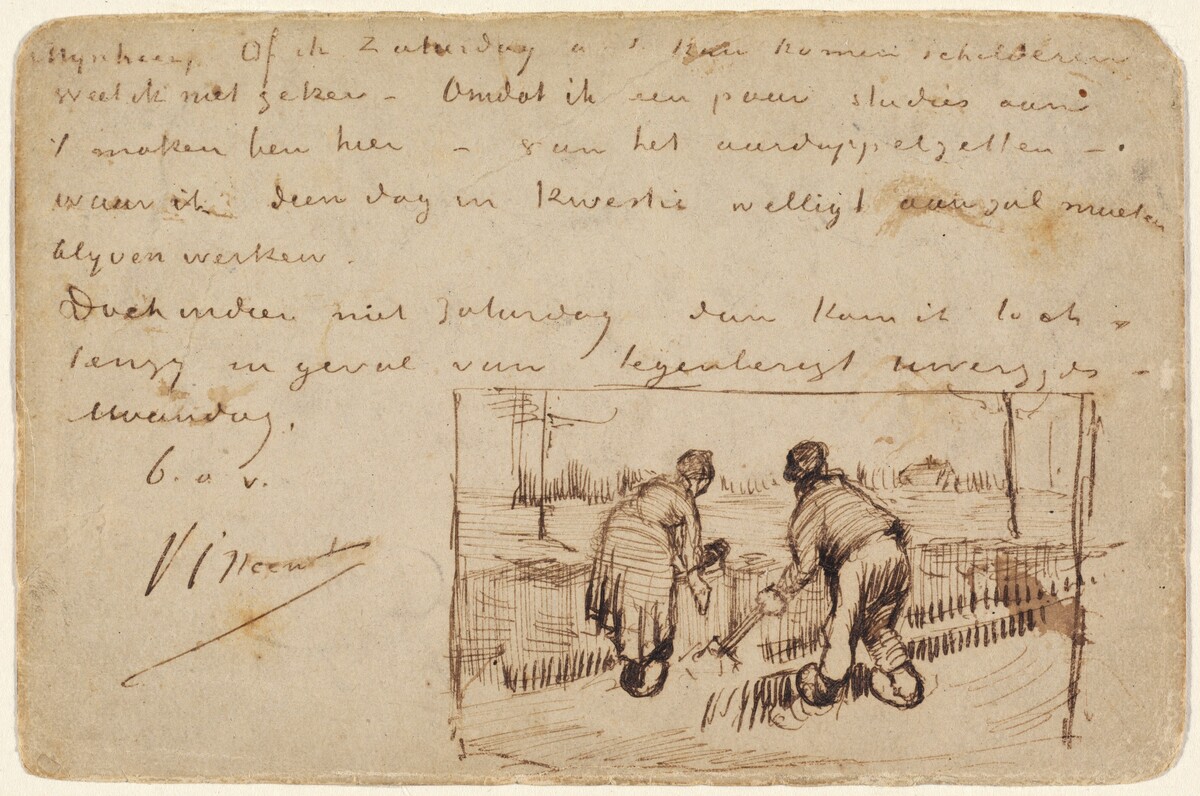 Postcard with Two Peasants Digging by Vincent van Gogh