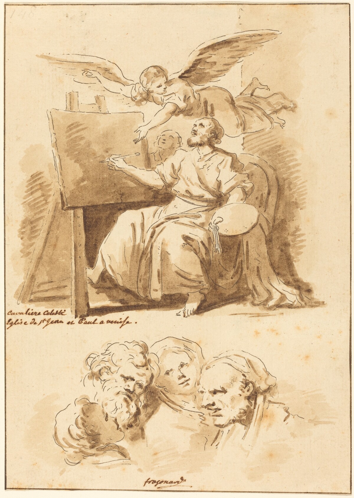 Saint Luke at His Easel and Four Expressive Heads by Jean Claude Richard de Saint-Non after Jean-Honoré Fragonard after Andrea Celesti