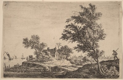Traveler Passing Two Large Trees