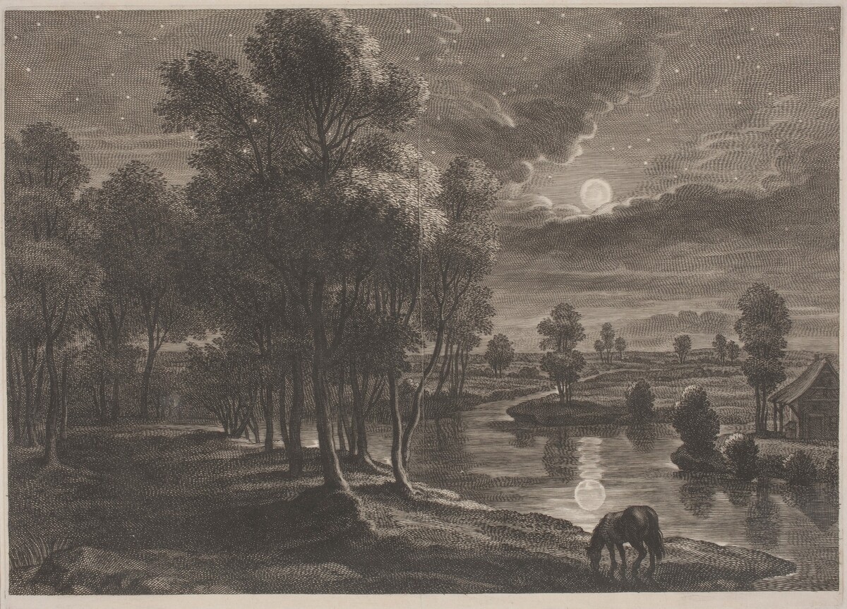 Moonlit River Landscape by Schelte Adams Bolswert, after Sir Peter Paul Rubens