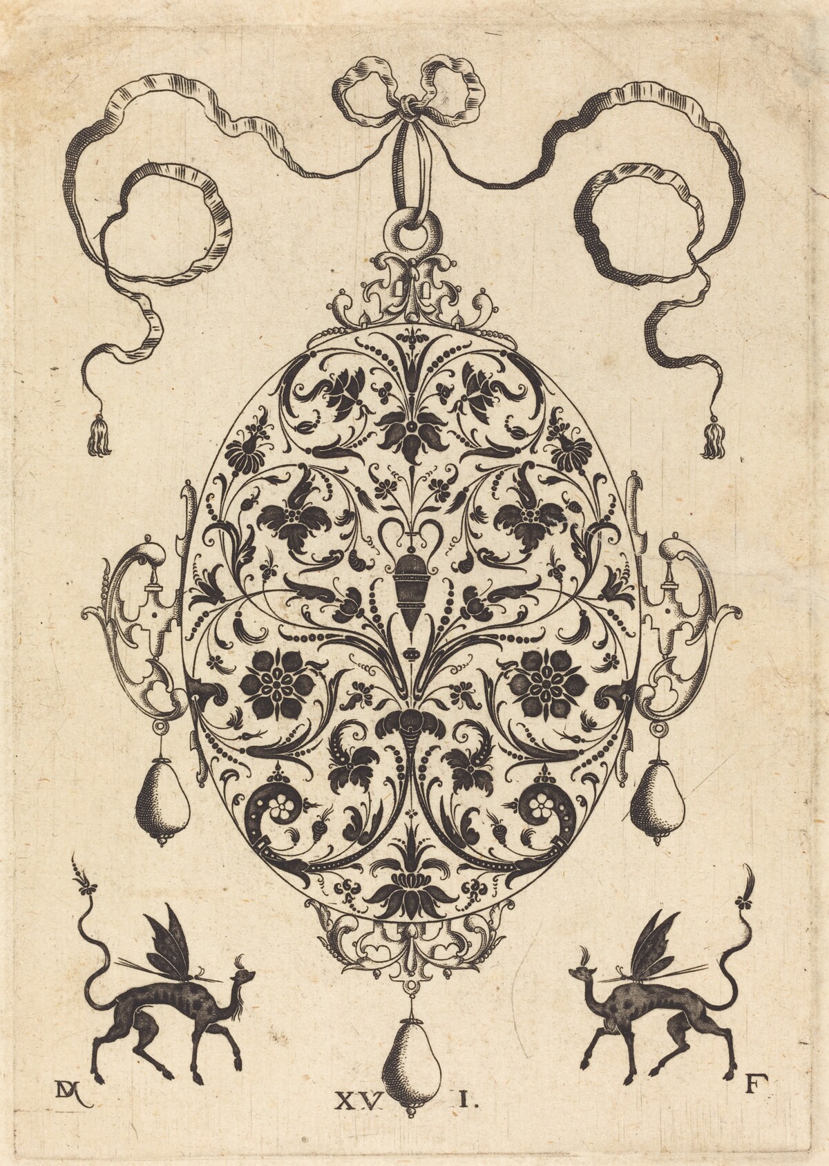 Large Pendant, Upright Oval with Floral Ornament by Daniel Mignot