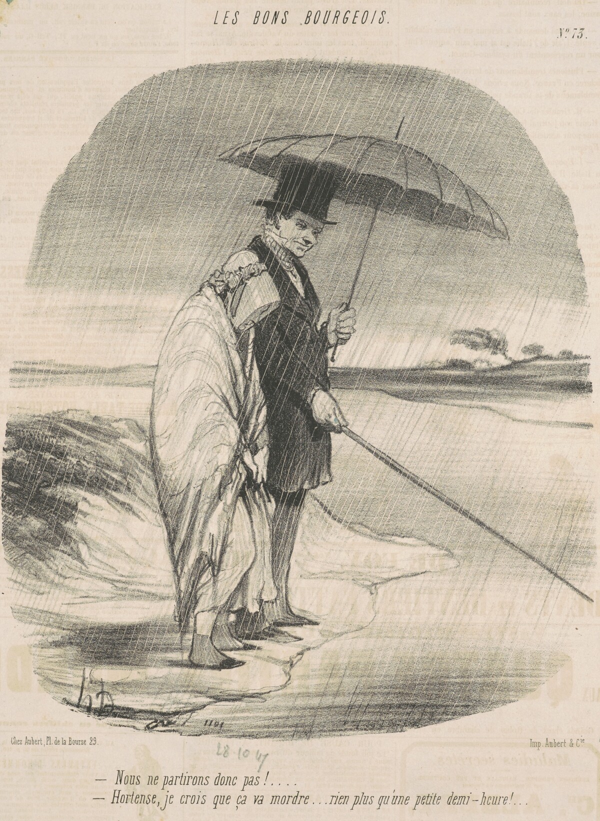 Nous ne partirons donc pas!  -Hortense, je crois que ça va mordre . . . Rien plus qu'une petite demi-heure! by Honoré Daumier