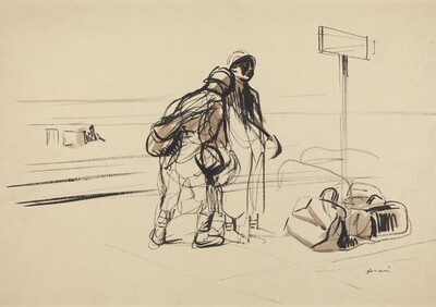 a) Two French Soldiers near a Notice Board (recto); b) Nursemaid and Children with Horse or Donkey (verso)