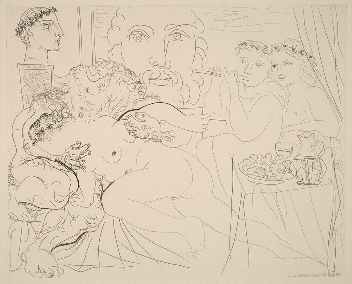 Self-Portrait in Three Forms: Crowned Painter, Bust Sculpture, and Amorous Minotaur (Autoportrait sous trois formes: peintre couronné, sculpteur en buste, et minotaure amoureux) by Pablo Picasso