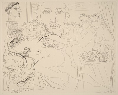 Self-Portrait in Three Forms: Crowned Painter, Bust Sculpture, and Amorous Minotaur (Autoportrait sous trois formes: peintre couronné, sculpteur en buste, et minotaure amoureux)