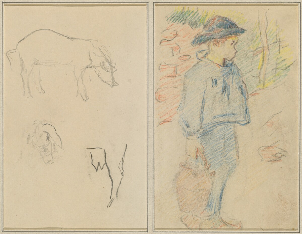 Three Studies of a Pig; Breton Boy Walking with a Jug [recto] by Paul Gauguin