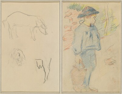 Three Studies of a Pig; Breton Boy Walking with a Jug [recto]