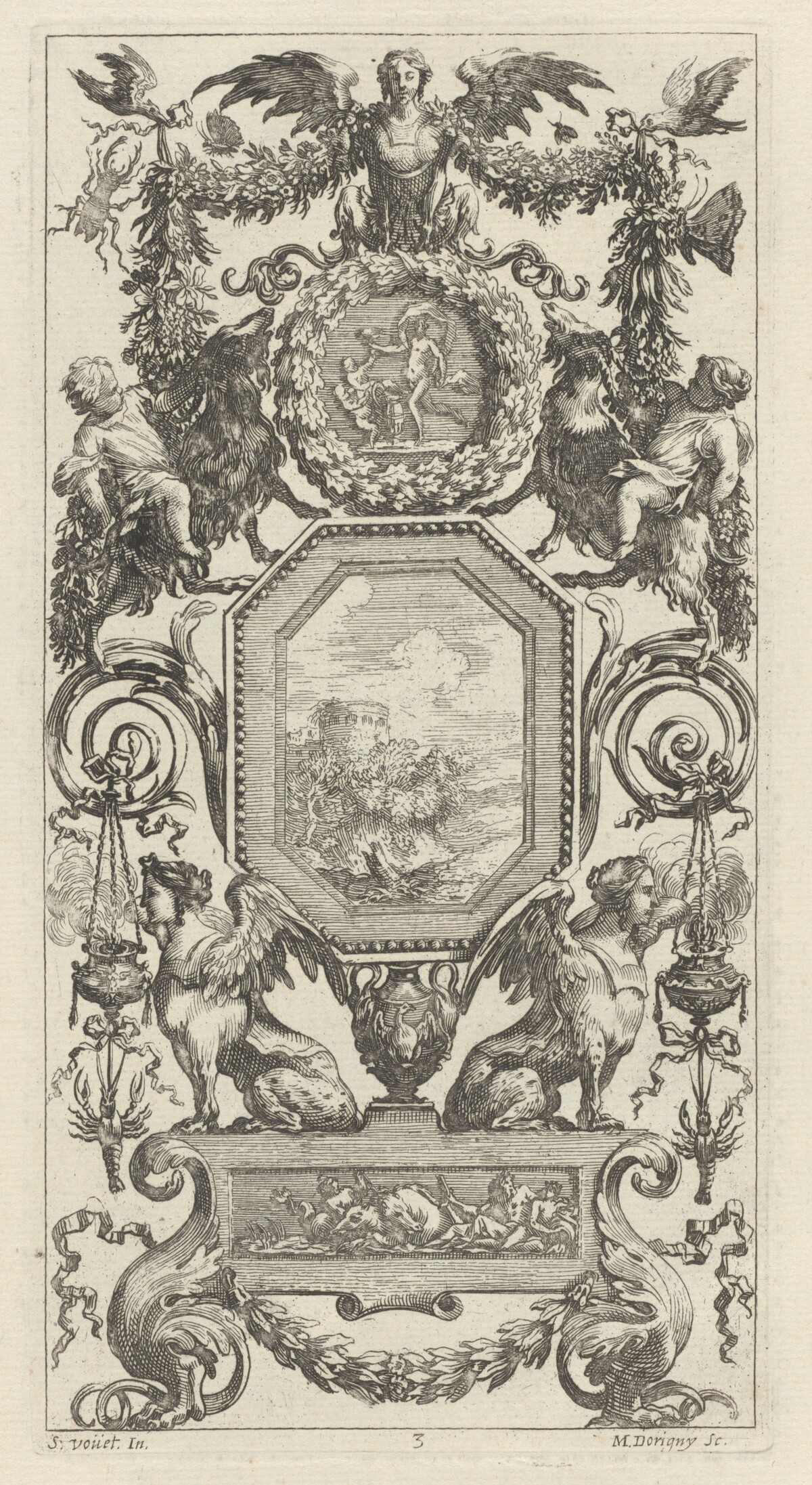 Ornamental Panel Surmounted by a Winged Harpy by Michel Dorigny, after Simon Vouet