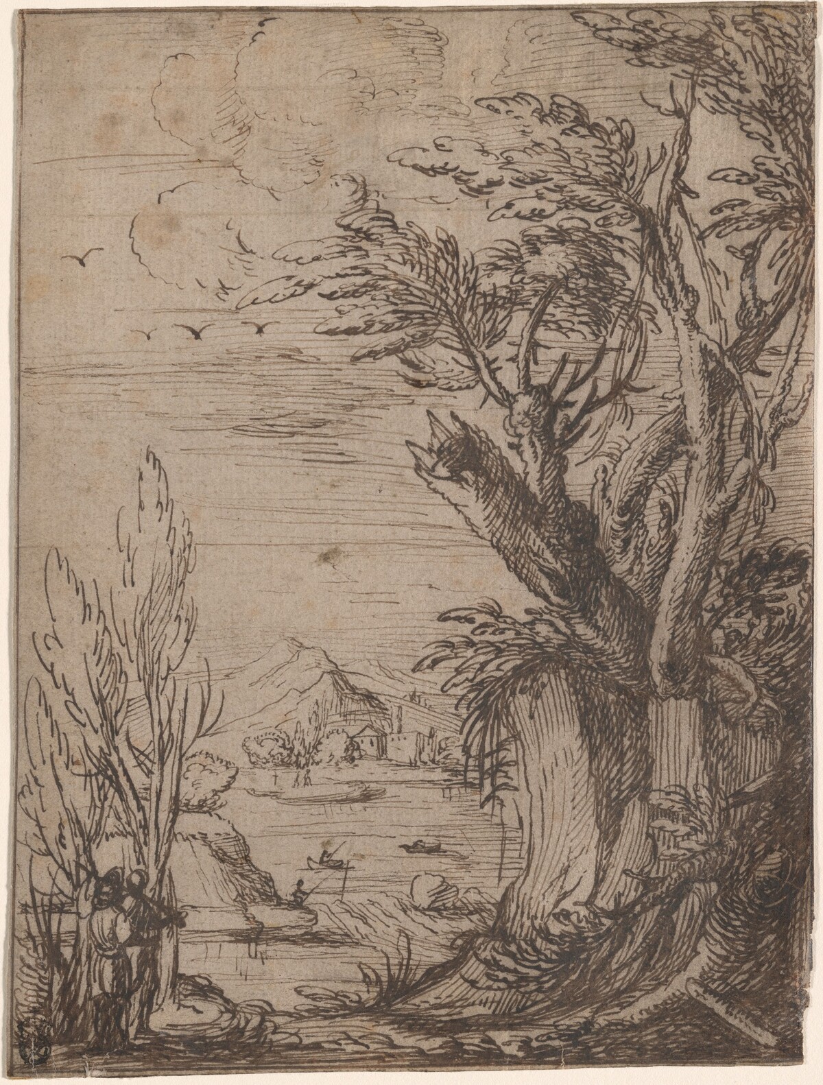 Landscape with Gnarled Trees and Fisherman by Circle of Jacques de Gheyn (possibly Jacques de Gheyn III)