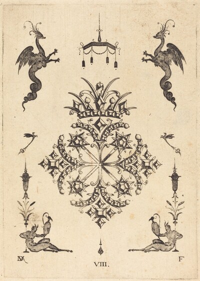Brooch with Fantasy Animals at Top and Fauns with Vases at Bottom