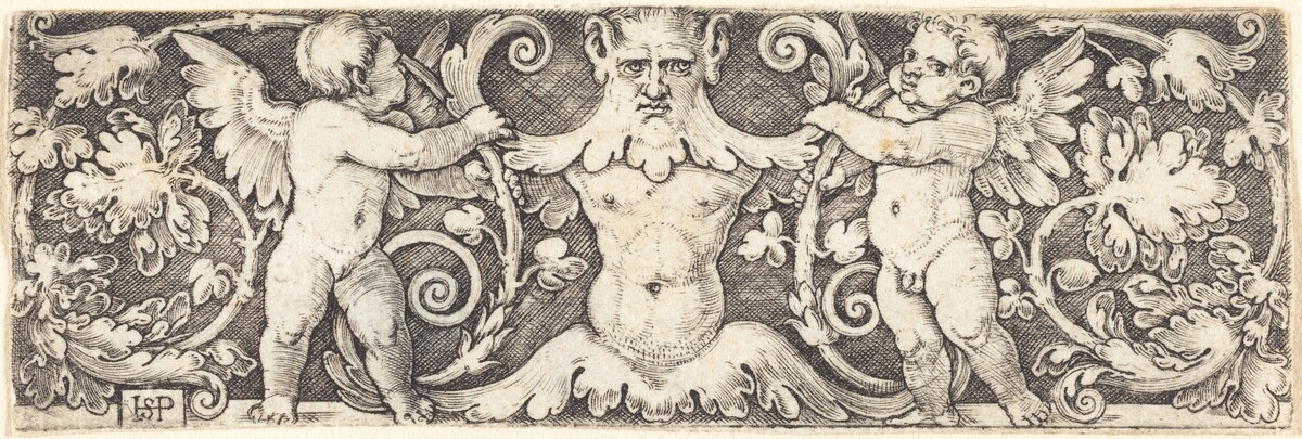 Ornament with Male Half Figure Between Two Genii by Sebald Beham