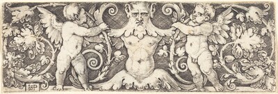 Ornament with Male Half Figure Between Two Genii