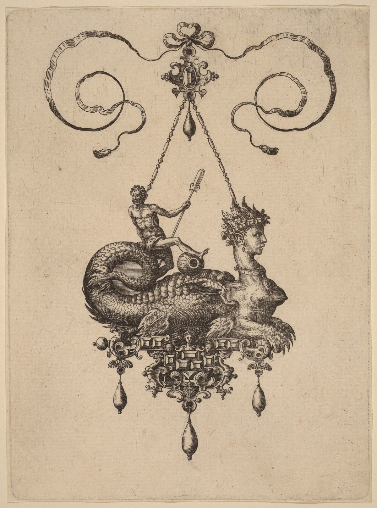 Design for a Pendant with a Sphinx with the Body of a Fish Carrying a Man with an Oar by Hans Collaert the Elder