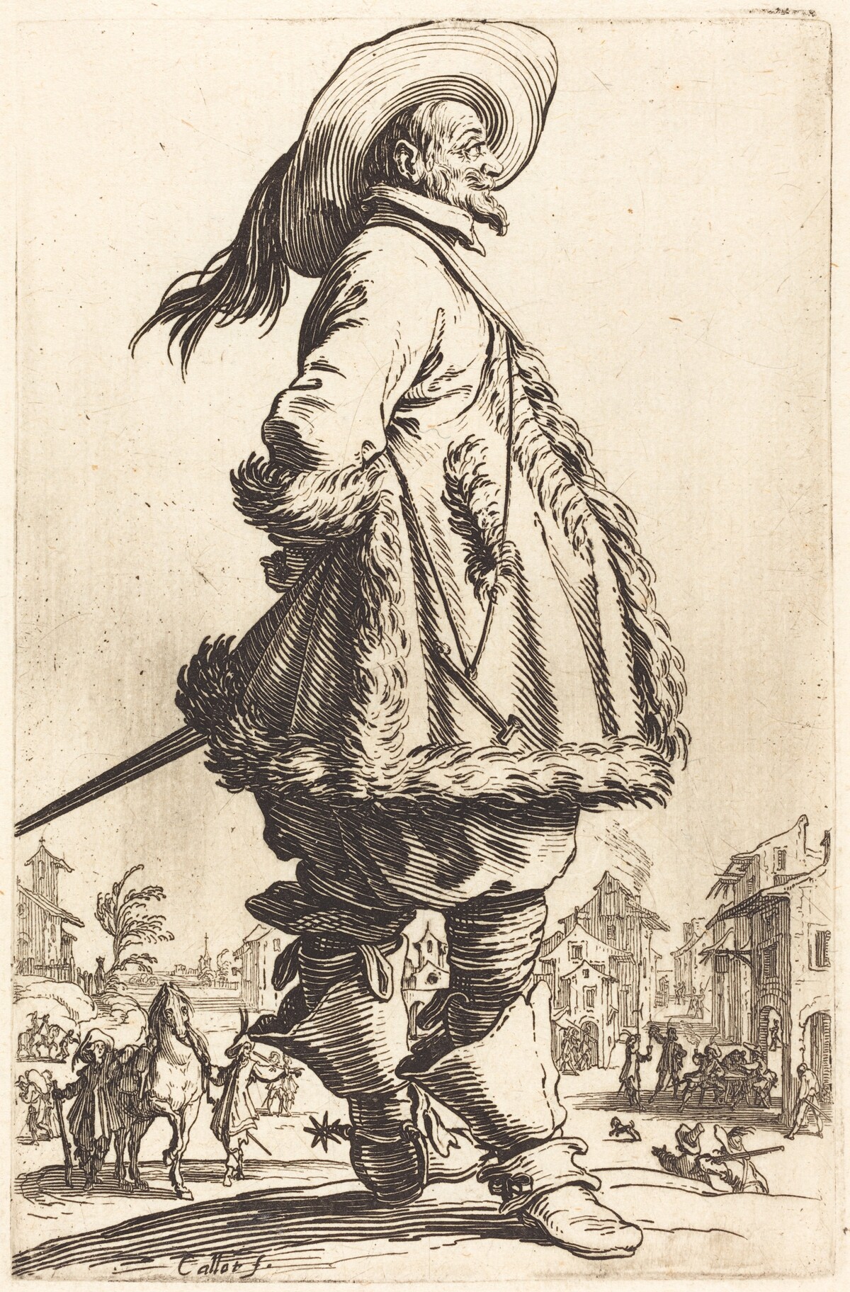 Noble Man with Mantle Trimmed in Fur,  Holding his Hands Behind his Back by Jacques Callot