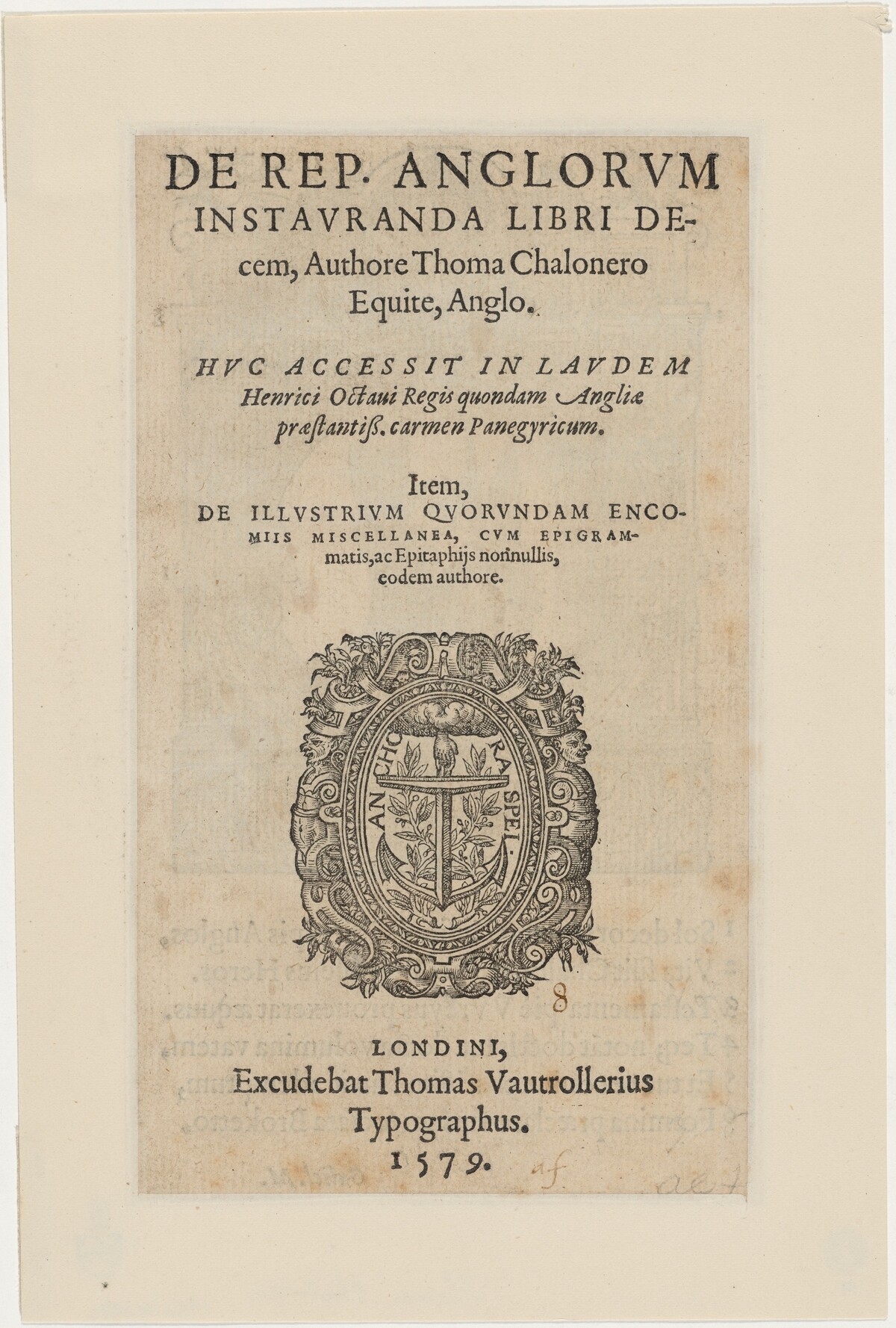 Title Page to De Republicae Anglorum by Thomas Chaloner by Unknown Artist