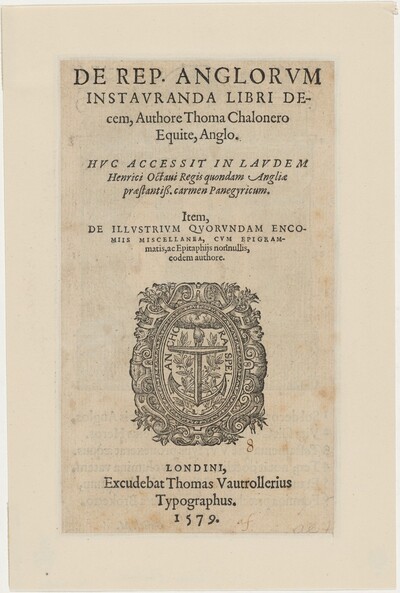 Title Page to De Republicae Anglorum by Thomas Chaloner