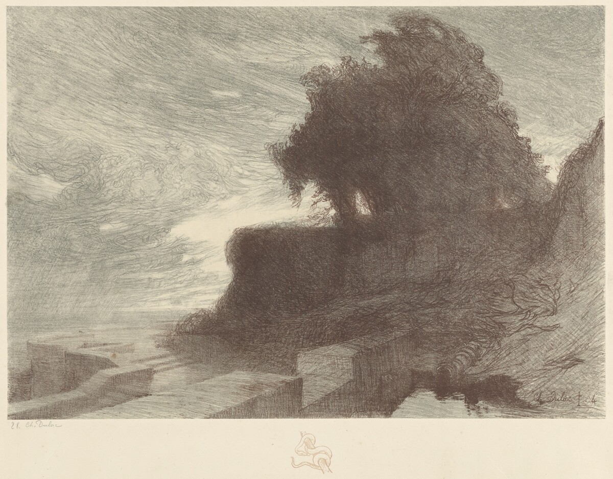 Landscape with Trees on a Bluff and a Snake Remarque by Charles-Marie Dulac