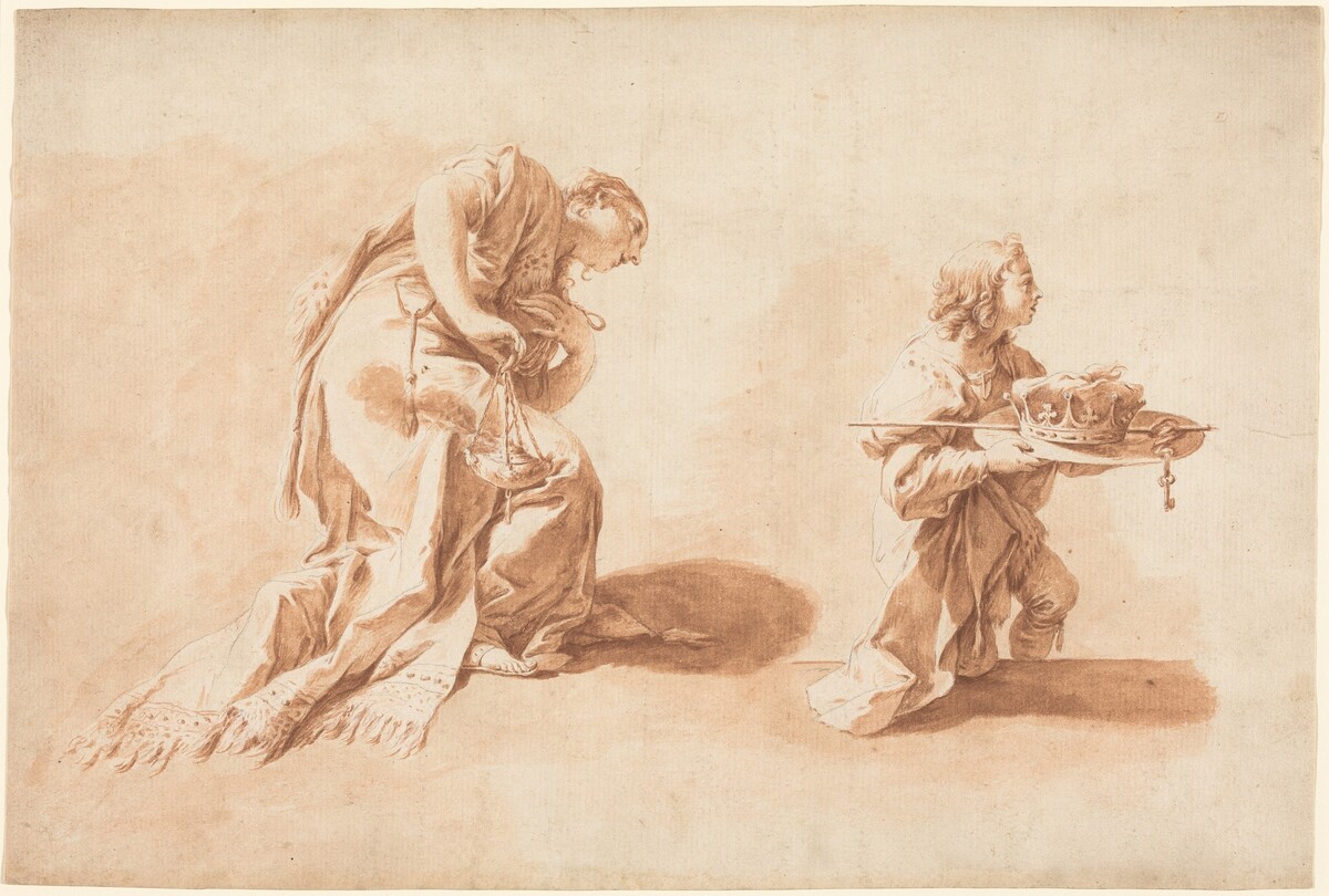 A Kneeling Woman with an Incense Burner and a Page Holding a Crown and Scepter by Anton Kern, after Giovanni Battista Pittoni the younger