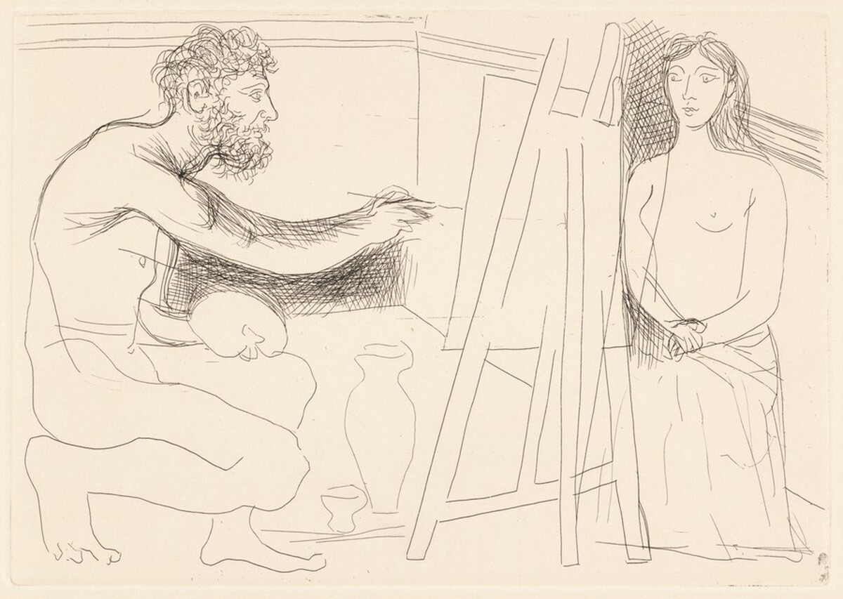 Peintre devant son chevalet avec un modèle aux longs cheveux (Painter at His Easel with a Model with Long Hair) by Pablo Picasso, Honoré de Balzac (author)