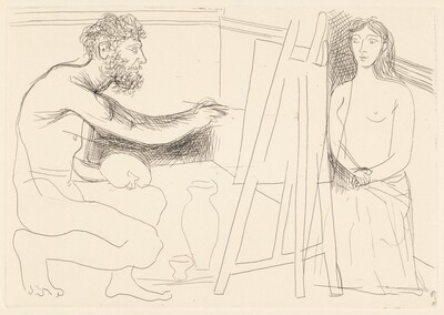 Peintre devant son chevalet avec un modèle aux longs cheveux (Painter at His Easel with a Model with Long Hair)