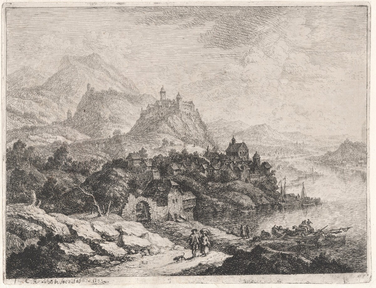 A Wide Riverscape with a View of Heidelberg Castle by Christian Georg Schüz II