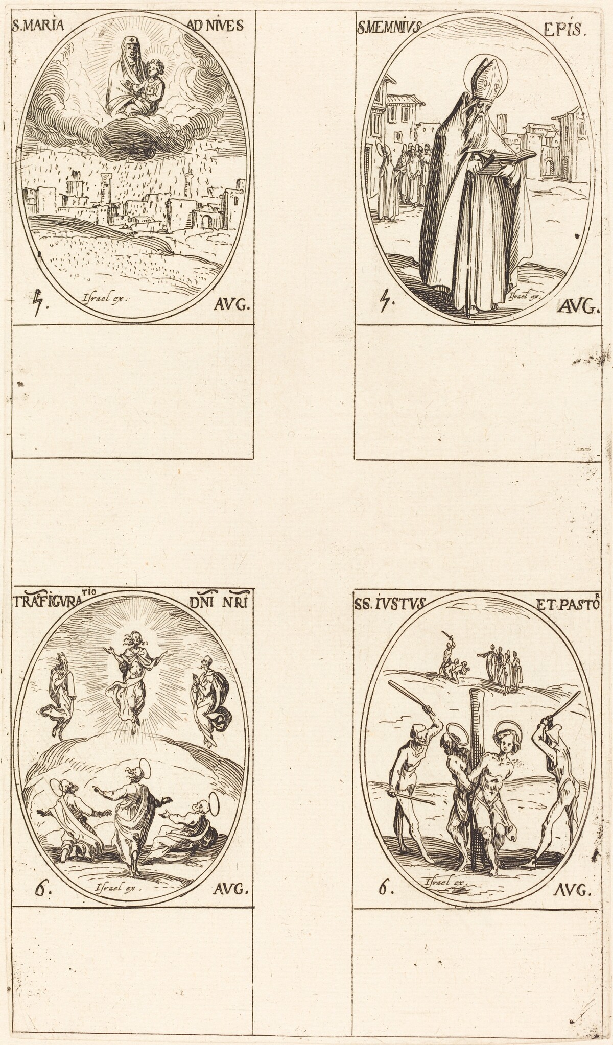 St. Mary of Snow; St. Memmius, Bishop; The Transfiguration; Sts. Justus and Pastor by Jacques Callot