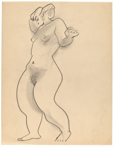 Standing Female Nude Turned to the Left, Arms Raised, Head Lowered