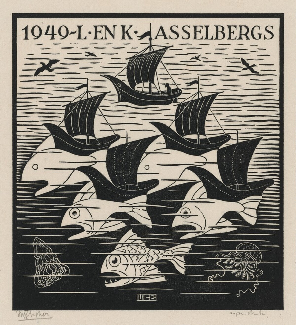 New Year's greeting-card 1949, L. and K. Asselbergs by M.C. Escher