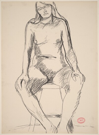 Untitled [female nude with long hair seated on a stool]