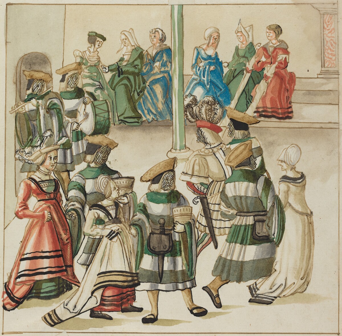Three Dancing Couples Led by Two Knights in Room with Column by German 16th Century