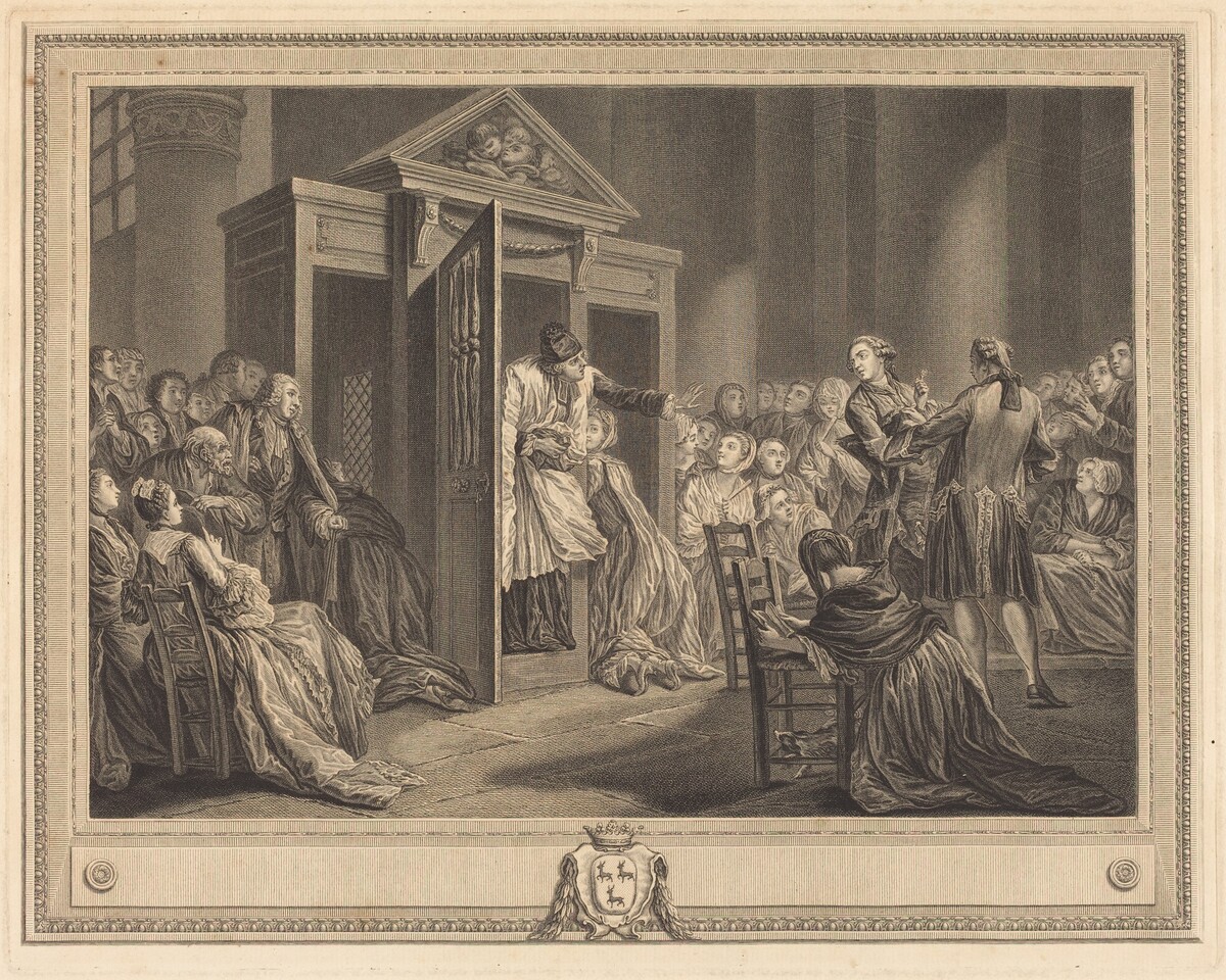 Le confessional by Pierre Etienne Moitte after Pierre-Antoine Baudouin