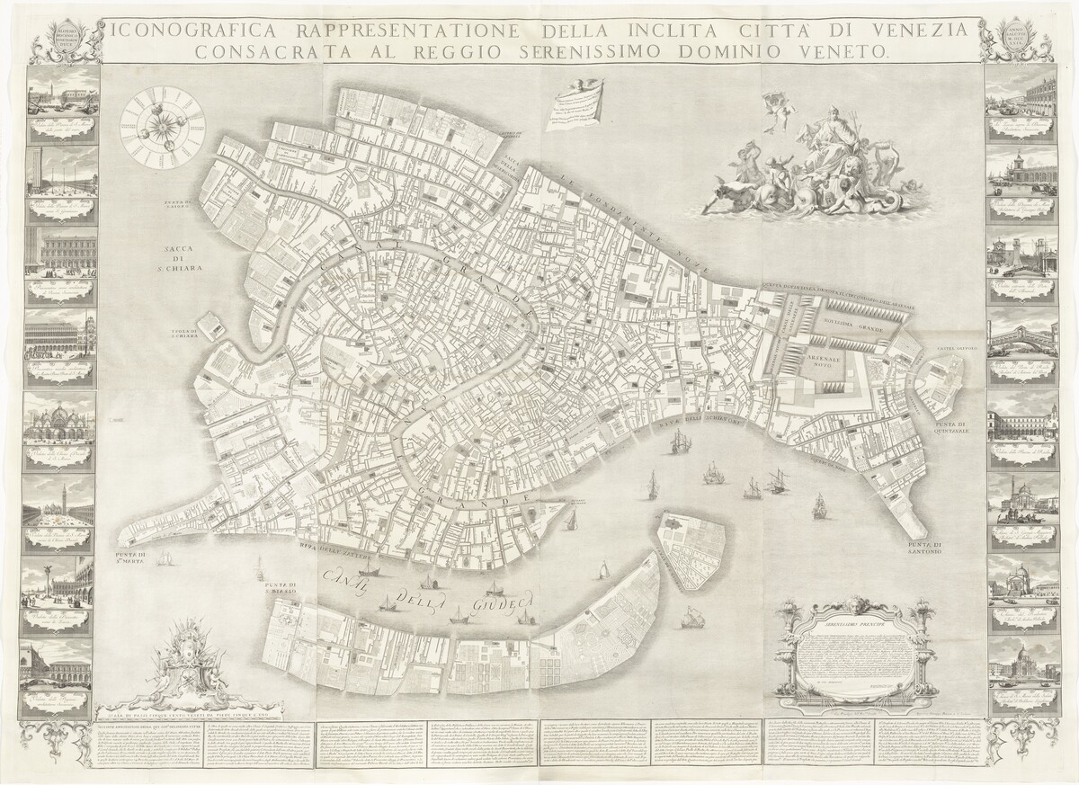 Iconografica Rappresentatione della Inclita Città di Venezia (Iconongraphic Representation of the Illustrious City of Venice) by Sebastiano Ricci, Lodovico Ughi, Giovanni Antonio Faldoni for the map, with Francesco Zucchi (mostly after Luca Carlevariis) for the views