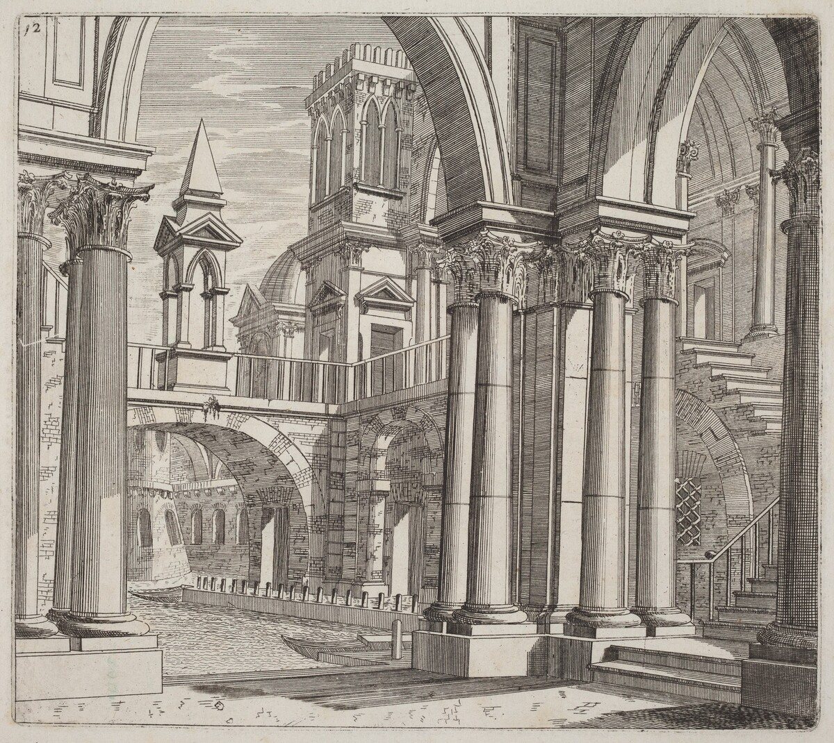 Architectural Fantasy with Buildings, Stairways, and Portals beside a Canal by Giuseppe Antonio Landi