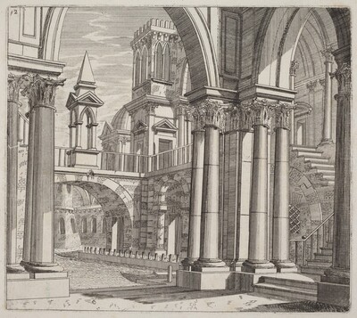 Architectural Fantasy with Buildings, Stairways, and Portals beside a Canal