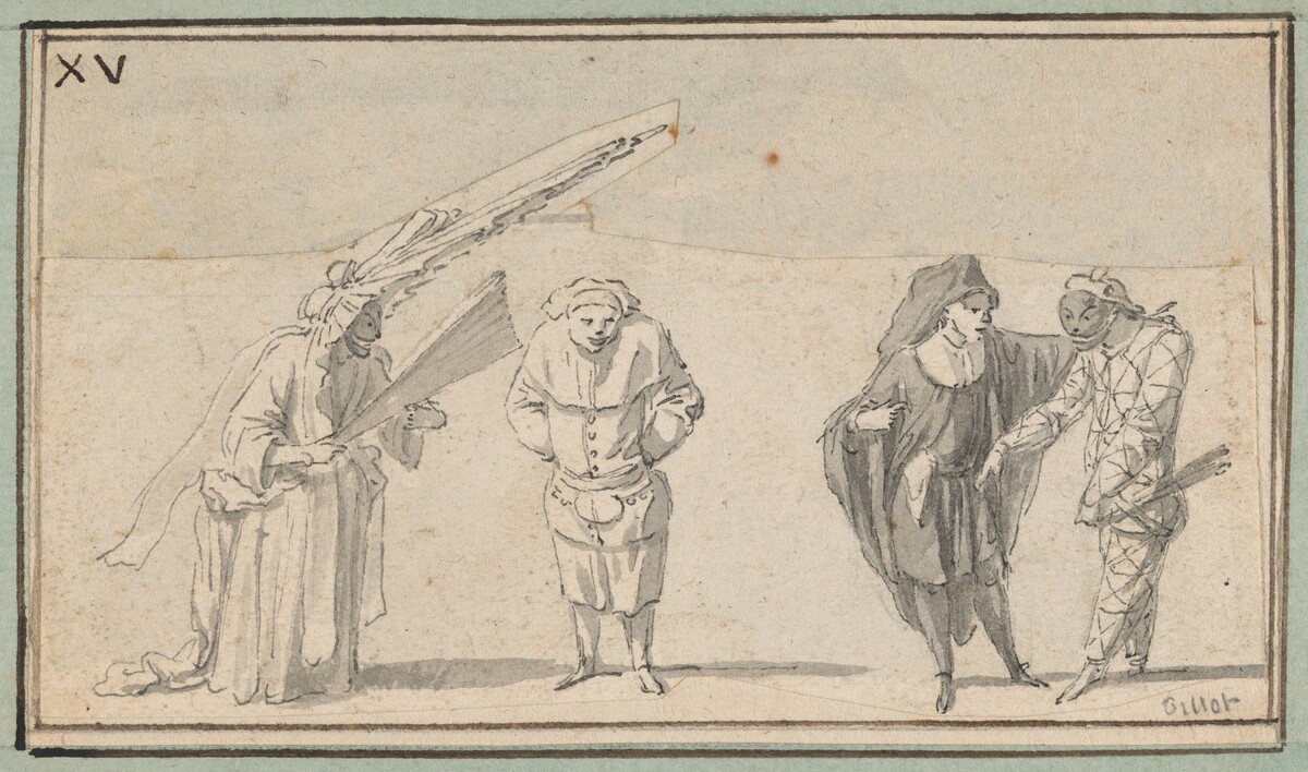 Four Commedia dell'Arte Figures: Harlequin "en femme," Mezzetin(?), Scaramouche, and Harlequin by Claude Gillot