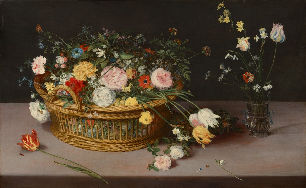 Flowers in a Basket and a Vase by Jan Brueghel the Elder