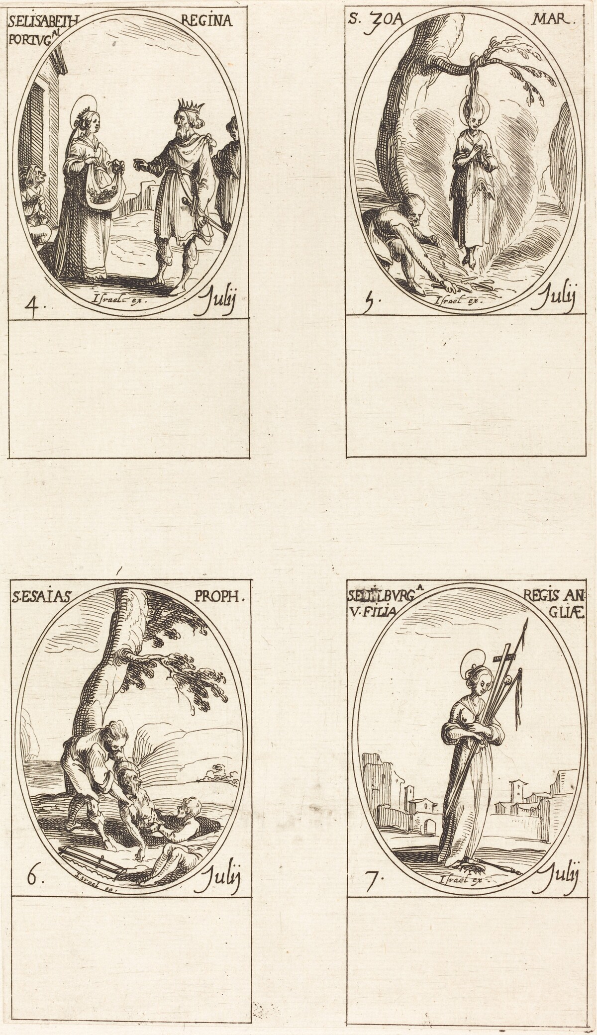 St. Elizabeth of Portugal; St. Zoe; St. Isaiah, Prophet; St. Edelburge by Jacques Callot