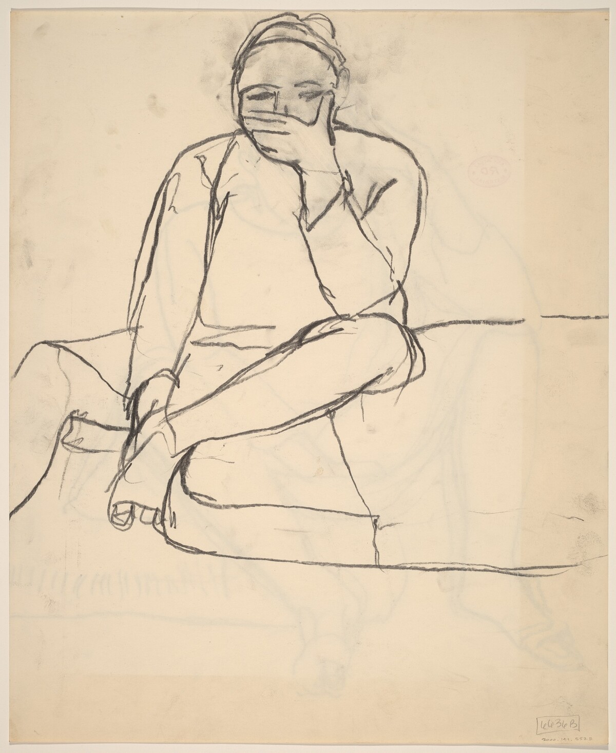 Untitled [woman seated at the edge of a cushion with hand covering her mouth] by Richard Diebenkorn