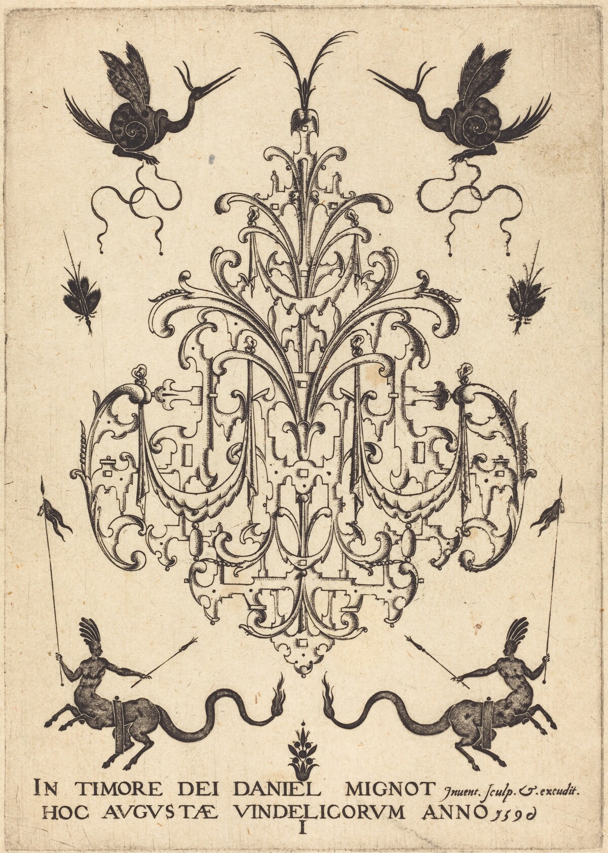 Title-Page: Brooch, Snail-like Animals  Above, Centaurs with Banners at Bottom by Daniel Mignot