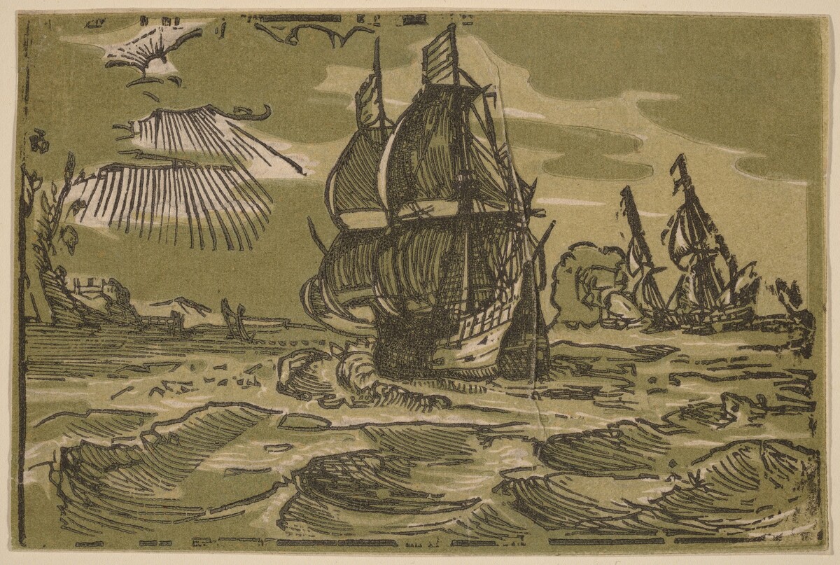 Two Three-Master Ships off a Coastline by attributed to workshop of Willem Jansz. Blaeu