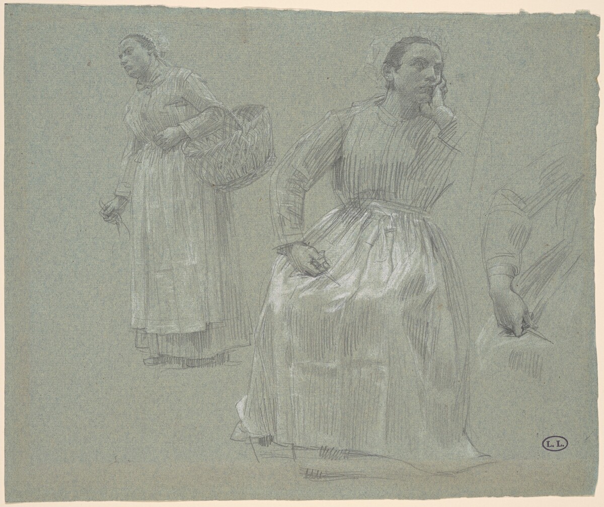 Study of Two Women, One Seated and One Holding a Basket by Léon Augustin Lhermitte