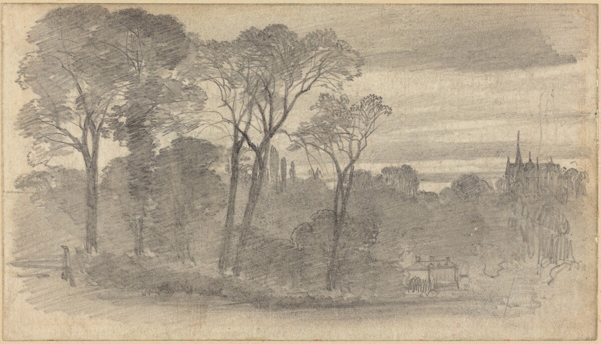 An Evening Landscape with a Distant Cathedral by Myles Birket Foster